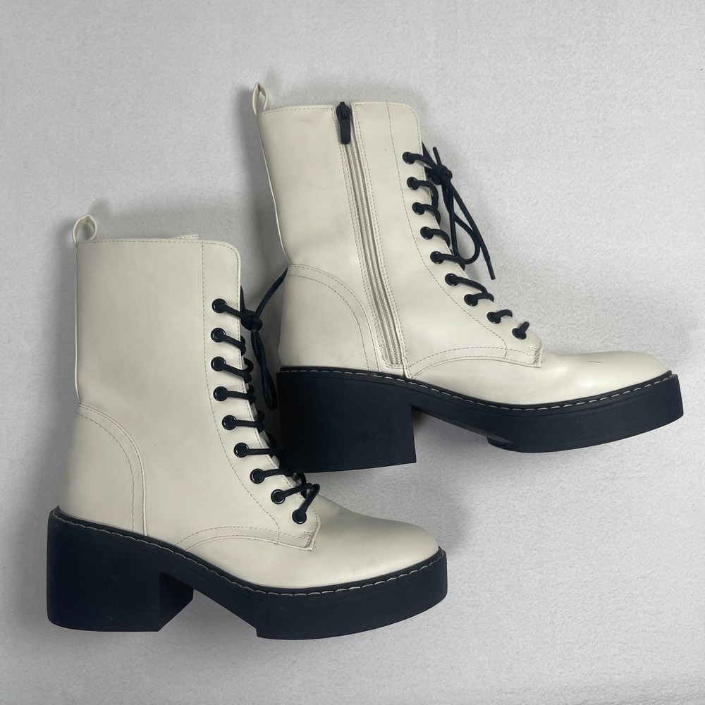 Nine West Women's 8M Off White Lace Up Combat Boots Block Heel Side Zip - Picture 5 of 11